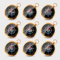 Vintage compass, marine wind rose with cardinal directions of North, East, South, West. Realistic golden navigational Royalty Free Stock Photo