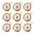 Vintage compass, marine wind rose with cardinal directions of North, East, South, West. Realistic golden navigational Royalty Free Stock Photo