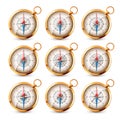 Vintage compass, marine wind rose with cardinal directions of North, East, South, West. Realistic golden navigational Royalty Free Stock Photo