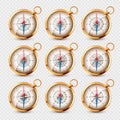 Vintage compass, marine wind rose with cardinal directions of North, East, South, West. Realistic golden navigational Royalty Free Stock Photo