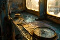 Vintage compass on an old map inside a rustic vehicle at sunset Royalty Free Stock Photo