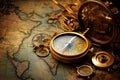 vintage compass on the old map, An old compass, telescope, and coins on an antique world map, AI Generated Royalty Free Stock Photo