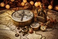 Vintage compass and old map. Travel concept. Vintage style, AI Generated Royalty Free Stock Photo