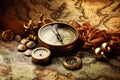 Vintage compass and old map. Vintage style toned picture, Old compass, telescope, and coins on an antique world map, AI Generated