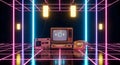 Retro computer setup neon grid background Royalty Free Stock Photo