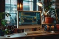 Vintage Computer Displaying Code on Screen in a Cozy Home Setting Royalty Free Stock Photo
