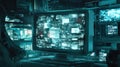 Vintage computer monitor displaying futuristic digital interface in a dark, cyberpunk setting Royalty Free Stock Photo