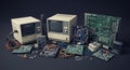 Vintage computer monitors and circuit boards showcase retro technology components era Royalty Free Stock Photo