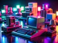 Vintage Computer Setup with Neon Glow A TiltShift Perspective on a Retro Tech Aesthetic Explore the vibrant colors Royalty Free Stock Photo