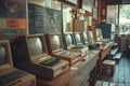Vintage computers displayed in retro style cafe