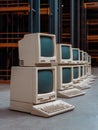 Vintage computers are stacked in a warehouse. Royalty Free Stock Photo