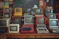 Vintage computers and tvs collection on display