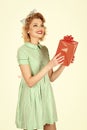 Vintage concept. happy smiling woman dressed in pin-up style dress, isolated Royalty Free Stock Photo