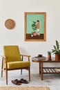 Vintage concept of living room interior with brown mock up poster frame, retro armchair, table, plant, decoration book.