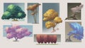 A vintage concept set of colorful fantasy digital illustration trees.