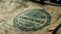 Vintage 'Confirmed' stamp on aged document. Royalty Free Stock Photo