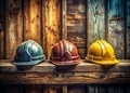 Vintage Construction Helmets on Rustic Wooden Wall A Long Exposure Photography Study Capturing Timeless Craftsmanship Royalty Free Stock Photo