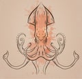 Vintage contour illustration of squid with watercolor splashes.