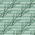 Vintage contoured seamless pattern with diagonal braches ornament. Pastel blue striped background