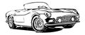 Vintage Convertible Car Sketch On A White Background. Classic Retro Vehicle Illustration, Front Side View. Poster Of Old Sports