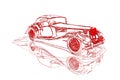 Red line work retro car sketch on a white background Royalty Free Stock Photo