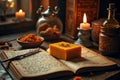 Vintage cookbook and ingredients by candlelight in rustic kitchen ambiance Royalty Free Stock Photo
