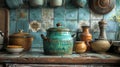 Vintage cookware still life in rustic kitchen warm tones and detailed photography Royalty Free Stock Photo