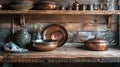 Vintage cookware still life in rustic kitchen, warm tones, highly detailed photography Royalty Free Stock Photo