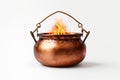 Vintage Copper Cauldron Over Flames On White Isolation