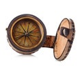 Vintage copper compass in a leather case isolated on a white background.