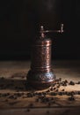 Vintage copper pepper mill on wooden background Royalty Free Stock Photo