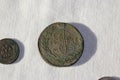 Vintage copper and silver russian coin on white background