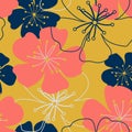 Vintage Coral, dark blue, golden flowers. Shabby chic purple millefleurs. Wallpaper simple cute seamless pattern