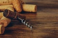 Vintage corkscrew and wine corks Royalty Free Stock Photo
