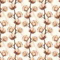 Vintage cotton flower plant sepia sketch seamless pattern texture background