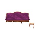 Couch with purple velvet trim and chair with beige trim. Interior objects. Classic furniture for living room. Flat
