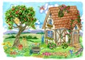 Fachwerk cottage house with apple tree, old well, garden objects and bird