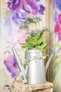 Vintage country house interior with a table with a vase and flovers Royalty Free Stock Photo