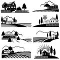 Vintage countryside landscape with farm scene. Vector backgrounds in woodcut style Royalty Free Stock Photo