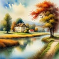 Vintage Countryside Landscape With and Rivers and Old Oil and Watercolor