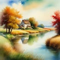 Vintage Countryside Landscape With and Rivers and Old Oil and Watercolor