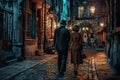 Vintage Couple Walking, Night City Street, 1920s Elegant Woman and Man in Old Historical Town Royalty Free Stock Photo