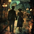 Vintage Couple Walking, Night City Street, 1920s Elegant Woman and Man in Old Historical Town Royalty Free Stock Photo