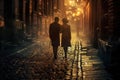 Vintage Couple Walking, Night City Street, 1920s Elegant Woman and Man in Old Historical Town Royalty Free Stock Photo