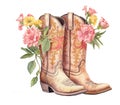 Watercolor Flowers boots. Cowboy boot and flowers. Farmhouse rustic clipart isolated on white background Royalty Free Stock Photo