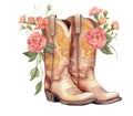 Watercolor Flowers boots. Cowboy boot and flowers. Farmhouse rustic clipart isolated on white background Royalty Free Stock Photo