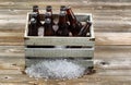 Vintage crate with ice cold bottle beer on rustic wooden boards Royalty Free Stock Photo