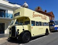 Vintage Cream Coloured Open Top Double Decker Bristol Eastern Counties Bus on the Road.