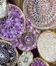 Vintage crocheted doilies in a group with stretch frames on them Royalty Free Stock Photo