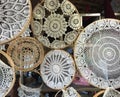 Vintage crocheted doilies in a group with stretch frames on them Royalty Free Stock Photo